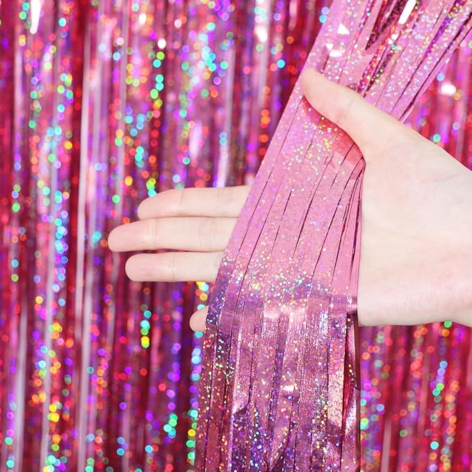 3.3 x 6.6 ft Foil Fringe Backdrop Curtains, Tinsel Streamers Party Decorations, Fringe Backdrop for Birthday, Baby Shower, Gender Reveal, Graduation (6, Pink)