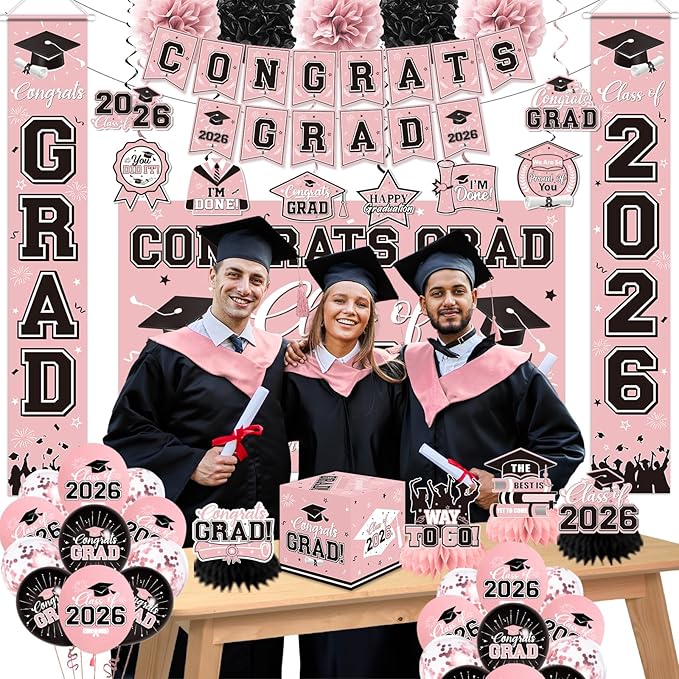 Graduation Decorations 2026 Pink Party Decor Set with Congrats Grad Banner, Class of 2026 Backdrop, Balloons, Box & Streamers Supplies for High School & College Celebrations