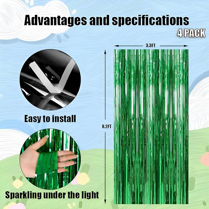 Valentines Day 4 Pack 3.3 * 8.3 ft Foil Curtain Metallic Tinsel Fringe Curtains Photo Booth Props Backdrop for Birthday Wedding Engagement Baby Shower Christmas Holiday Celebration Partyl,Green