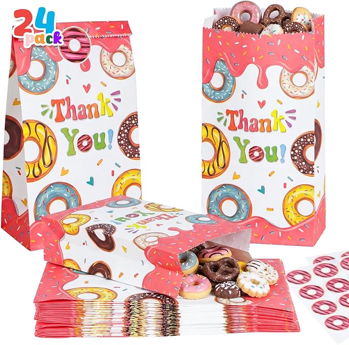VGOODALL 24PCS Donut Party Favor Bags, Paper Gift Bags Goodie Bags with Stickers Candy Bags for Kids Birthday Party