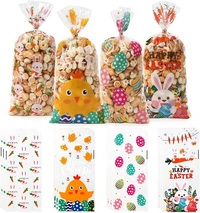 100 PCS Easter Cellophane Bags(5x11 Inch) with Ties for Candy Goodie Treat Snack Goody Cookie Small Gifts Wrap Plastic Ziplock Bag Baggies Pouch Easter Party Favors Supplies Decorations Table Decor
