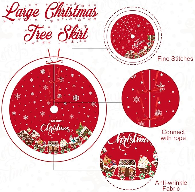 48 Inch Christmas Tree Skirt Double Layer Large Snowflake Xmas Tree Mat Decor for Winter Holiday Party Indoor Outdoor Christmas Decorations(Red,Train)