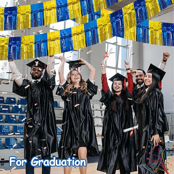 4 Packs Total 39 Ft Graduation Parade Floats for Trailer Car, Blue Gold Foil Fringe Garland Tinsel Streamers Banner Table Skirts for Graduation Homecoming Birthday Party (Royal Blue Gold)
