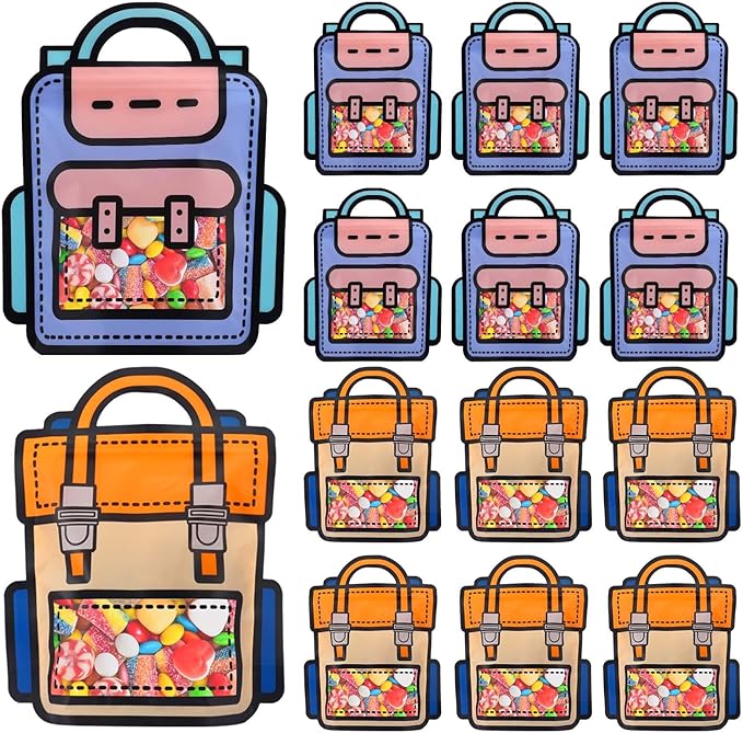 EONSUI 30PCS Plastic Cartoon Backpack Shaped Goodies Bags with Handles for Kids Birthday, Back to School Supplies, Baby Shower, Party, Wedding, Reusable Bulk Gift Wrapper for Candy, Snacks, Chocolate