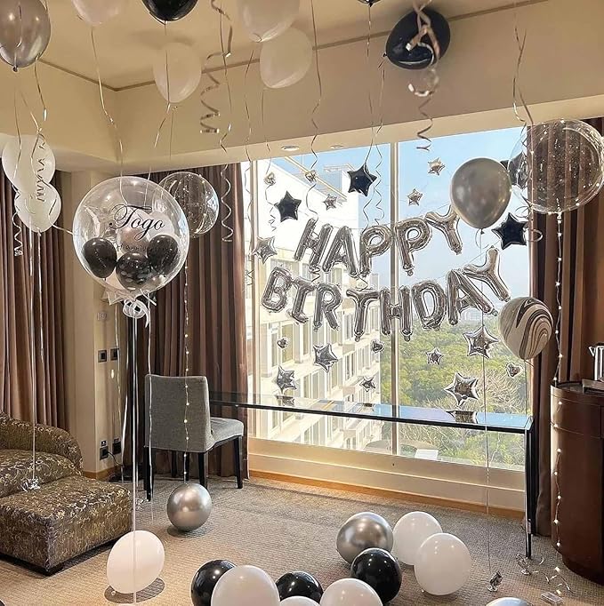 KALOR Silver Happy Birthday Balloons Banner, 16 Inch Mylar Foil Letters Balloon Sign for Birthday Party Decorations Photo Booth Backdrop