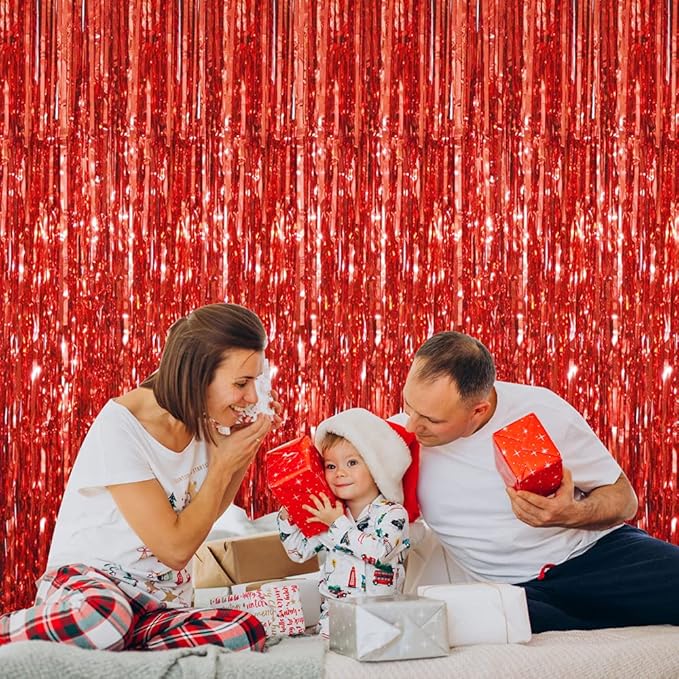 GOER 3.2 ft x 9.8 ft Metallic Tinsel Foil Fringe Curtains,Party Streamer Backdrop for Birthday,Graduation Decorations and New Year Eve (2 Packs,Red)