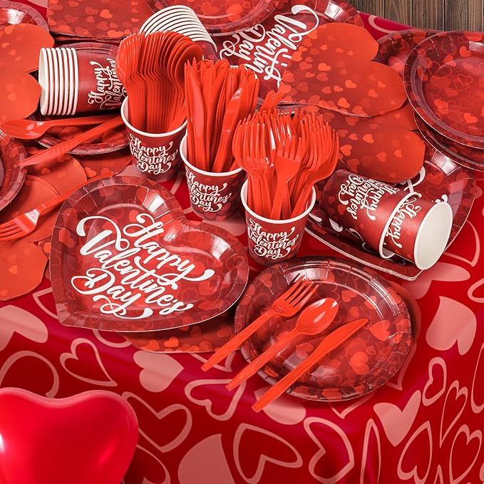 183PCS Happy Valentine's Day Party Supplies,Red Love Heart Disposable Paper Plate Napkin Cup Cutlery for 24 Guest,Banner Tablecloth Balloons for Galentines Anniversary Bridal Wedding Engagement Decor