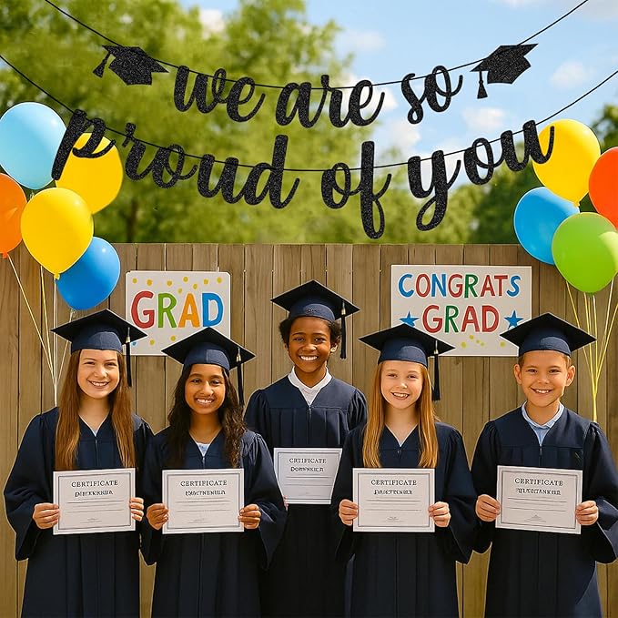 We Are So Proud of You Banner – Black Glitter Graduation Decorations 2026, Pre-Strung Congrats Grad Banner for College, High School, Senior Party, No Assembly Required, Class of 2026 Decor