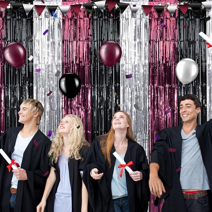 6 Pack 3.3Ft x 6.6Ft Graduation Foil Fringe Curtain Backdrop Decorations, Maroon Black Silver Metallic Tinsel Foil Streamers Curtain Photo Booth Background for Graduation Prom Wedding Birthday Party