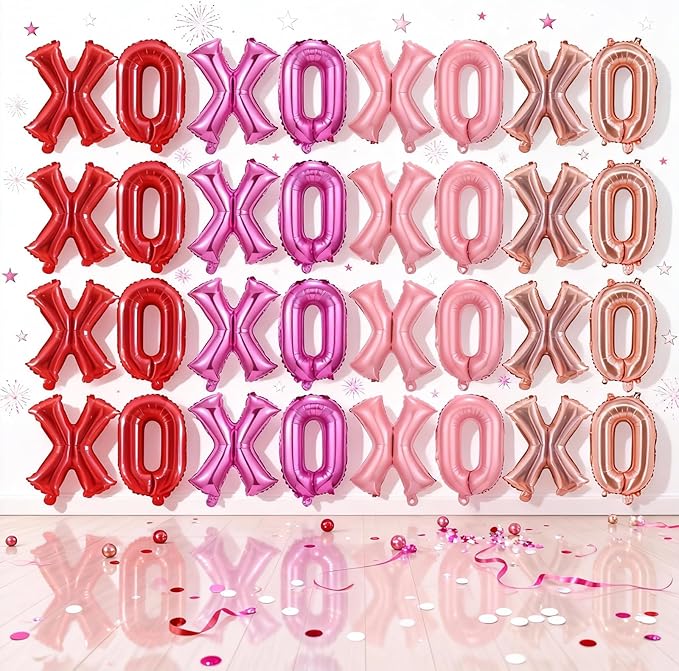 16 Pcs XO Valentines Balloons, 16 Inch Red Pink XOXO Letters Foil Mylar Balloons Banner Valentine Day Balloon Decorations for Romantic Galentines Day Bridal Shower Engagement Anniversary Party Decor