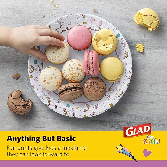 Glad for Kids Unicorn Theme Kids Plates, Heavy-Duty Round Disposable Paper Plates with Soak-Proof Coating, Microwave Safe for Snacks & Meals, Cute Unicorn Print, 8.5 Inch, 20 Count - 3 Pack