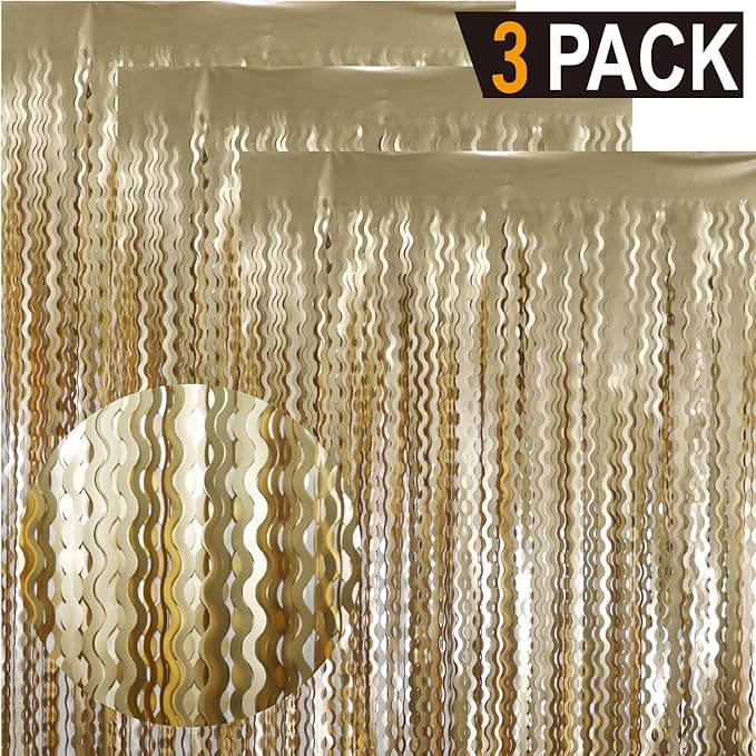 GOER Metallic Tinsel Foil Fringe Curtains Party Photo Backdrop Party Streamers for Birthday,Graduation,New Year Eve Decorations Wedding Decor (Champagne Gold,3 Packs)
