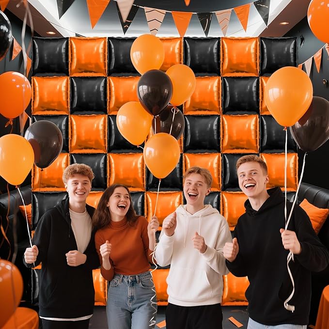 50 PCS Black and Orange Square Foil Balloons Wall Backdrop 19 inch Reusable Mylar Balloons Tunnel Garland Arch Kit for Halloween Party Basketball Retirement Birthday Graduation Decoration