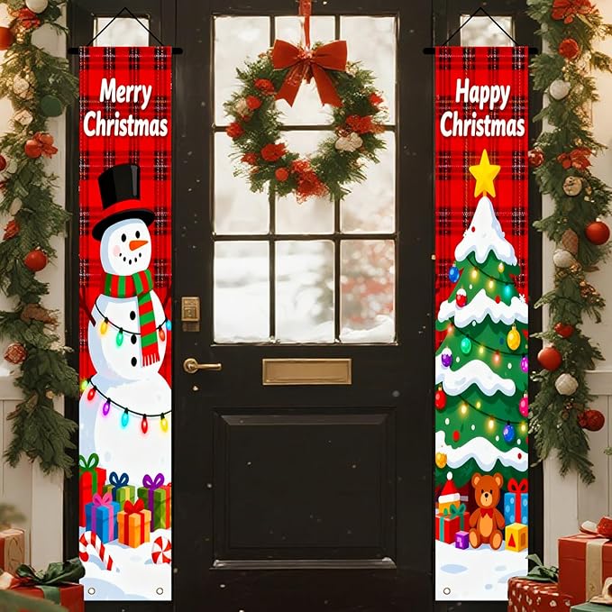 Nuxovilar Winter Merry Happy Christmas Snowman Tree Decor Polyester Banner 12x70.86 Inches Christmas Door Banner, Lively Decor for Bedroom, Balcony, Holiday Celebrations