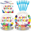 96Pcs Happy Birthday Decorations Colorful Dots Happy Birthday Plates and Napkins Disposable Rainbow Multicolor Decorations Tableware Set for Kids Boys Girls Birthday Party Supplies Serves 24
