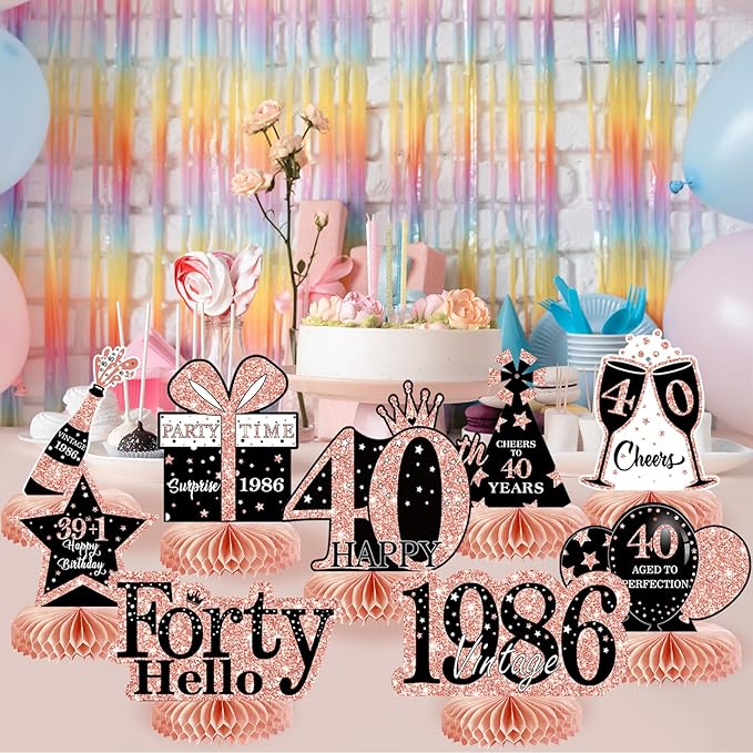 9Pcs 40th Birthday Decorations Honeycomb Centerpieces for Women, Rose Gold Pink Happy 40th Birthday Centerpieces Tables Toppers Party Decorations Supplies, Vintage 1986 Aged Table Sign Decor
