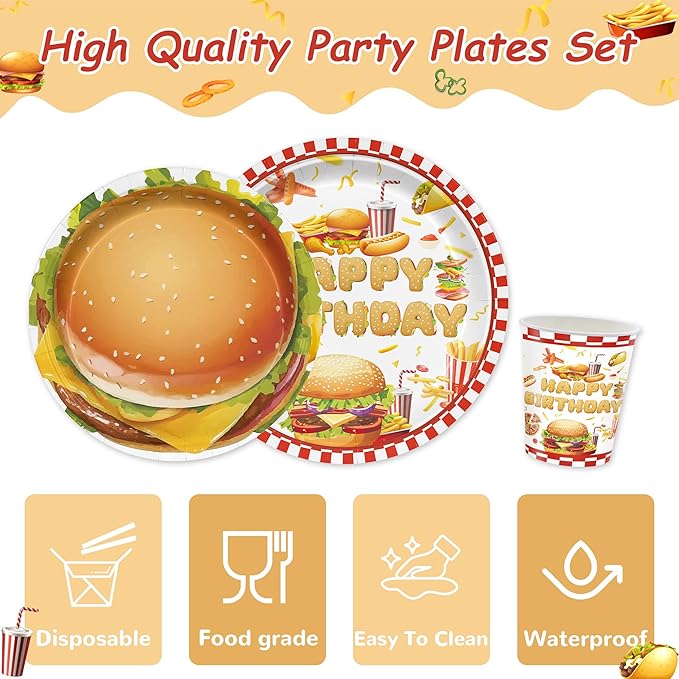 168PCS Hamburger Party Supplies for Kids Fast Food Themed Happy Birthday Party Decorations BBQ Picnic Paper Plates Napkin Cups Forks Knives Straw Tableware for 24 Guests