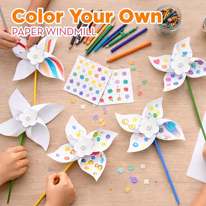 4E's Novelty DIY Pinwheels Craft for Kids (100 Pack) Color Your Own White Pinwheels, Bulk Summer Spring Craft Kit for Boys & Girls, Arts and Craft Party Activity, Easter Craft for Kids Bulk