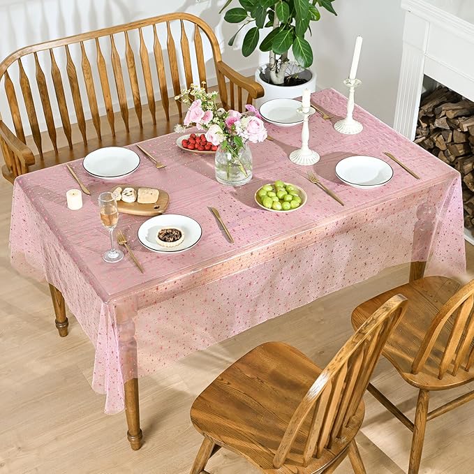 Horaldaily Pink Gold Sparkling Star Gauze Tablecloth 60x60 Inch Square, Pink Star Sequin Glitter Metallic Foil, Sheer Tulle Cheesecloth for Wedding Baby Shower Party