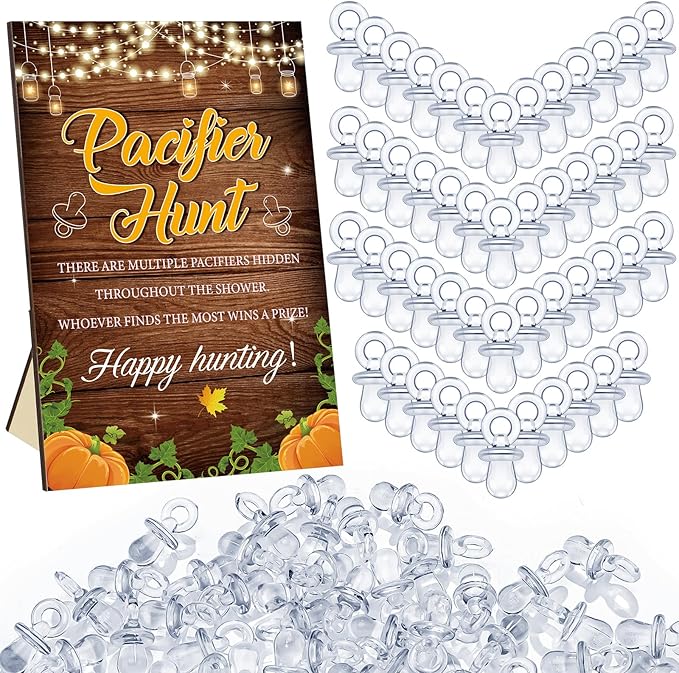 Thyle 51 Pcs Fall Pumpkin Baby Shower Games a Little Pumpkin Is on The Way Thanksgiving Pacifier Hunt Include Hunt Sign and 50 Acrylic Pacifiers for Baby Shower Gender Reveal Autumn Theme Decoration