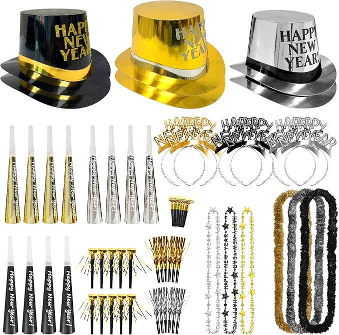 New Years Eve Party Supplies 2026 70PCS Happy New Years Decoration Hats Headband for 2026 Party Props Festival Decorations Count Down NYE Party Supplies Favors(Black Gold -3)