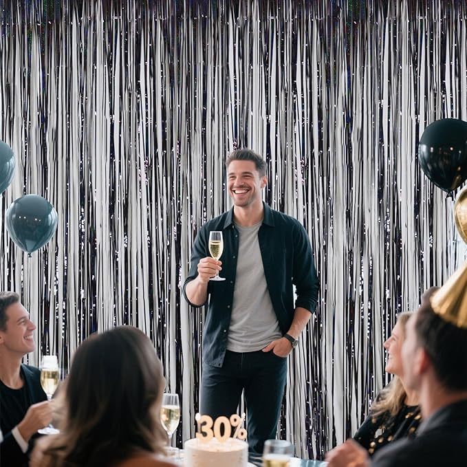 Black Tinsel Fringe Backdrop Curtains Birthday Party Decorations- 3.28x6.56 ft Metallic Tinsel Streamers, Photo Booth Background for Wedding, Graduation, Party Decorations - 2 Packs