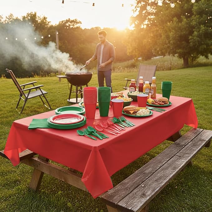 Red and Green Plastic Plates for Party,Disposable Tableware Kit with 50 9'' Plates,50 7'' Dessert Plates,50 Napkins,50 Forks,50 Cups & 2 Tablecloths for Birthday,Picnic,Christmas