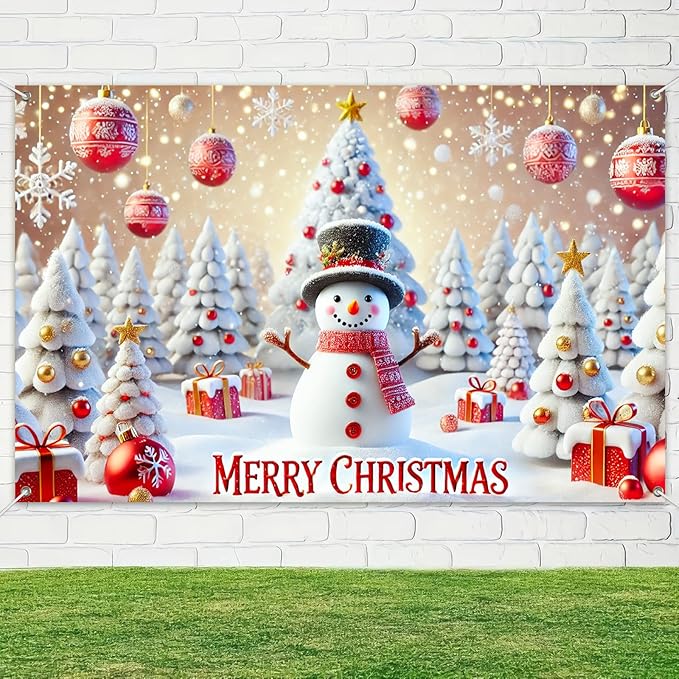 Christmas Banner Snowman Winter Wonderland Xmas Decoration Holiday Party Backdrop Merry Christmas White Tree Gift Red Ornaments Photo Prop Wall Display for Indoor Outdoor 71 X 43 Inches