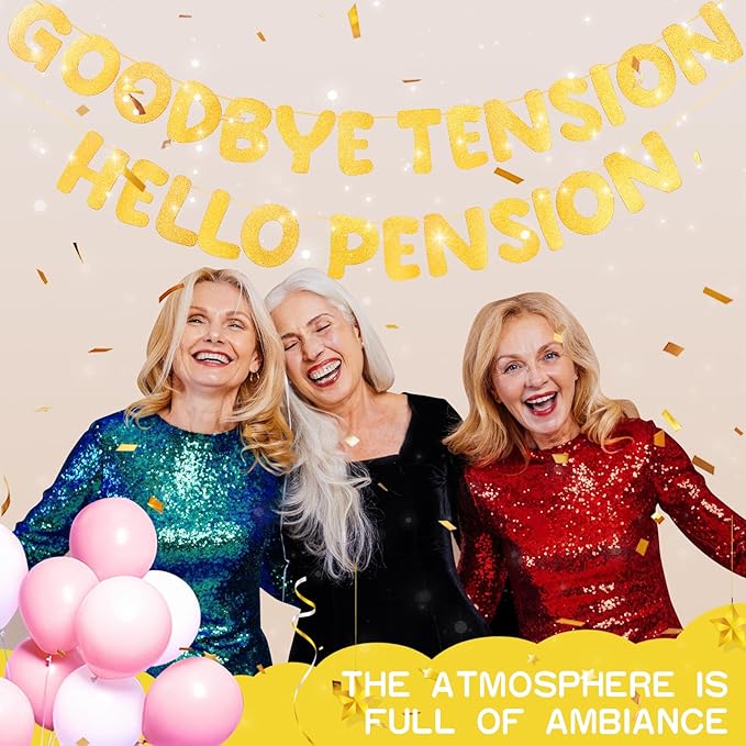 Retirement Banner Pre-Strung GOODBYE TENSION HELLO PENSION Banner Glitter Retirement Party Supplies Decorations for Women Men Office Home Decor (Gold)