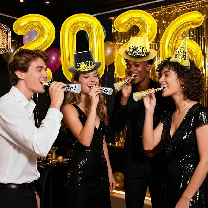 New Years Eve Party Supplies 2026 for 24 Guests, Happy New Years Decorations Party Favors Includes Top Hats, Tiaras, Glasses Accessories for Adults Kids Nye Decorations 2026