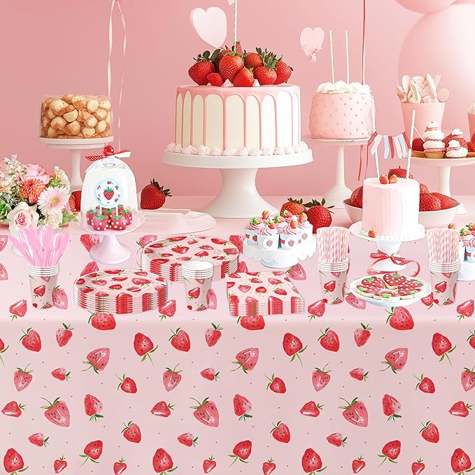 Strawberry Party Decorations Tablecloth, Disposable Strawberry Birthday Party Supplies Tablecover, Berry Sweet Birthday Baby Shower Decorations Table Cloth, 3 Pcs, 54in x 108in