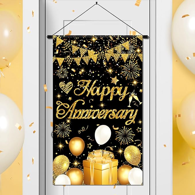 Anniversary Party Decorations Black Gold Happy Anniversary Door Banner Sign Small Wedding Anniversary Door Hanging Banner Porch Front Door Decor for Men Women Anniversary Cruise Door Sign Supplies