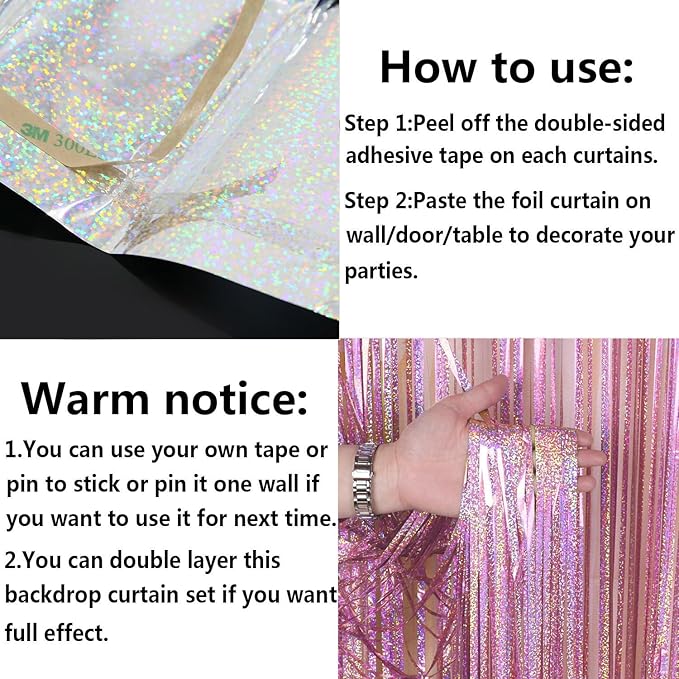 Glitter Pink Fringe Party Curtain - 6.5x9.8 feet, Pack of 2 | LILF Pink Tinsel Streamers Foil Fringe Backdrop Curtain with Non-Marking Tape for Birthday Bachelorette Party Decoration Photo Booth Props