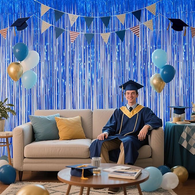 Navy Blue Foil Fringe Backdrop for Party Wall Decorations, Streamer Birthday Photoshoot Background - 3.28 x 6.56ft Tinsel Curtains for Doorway, Baby Shower & Wedding