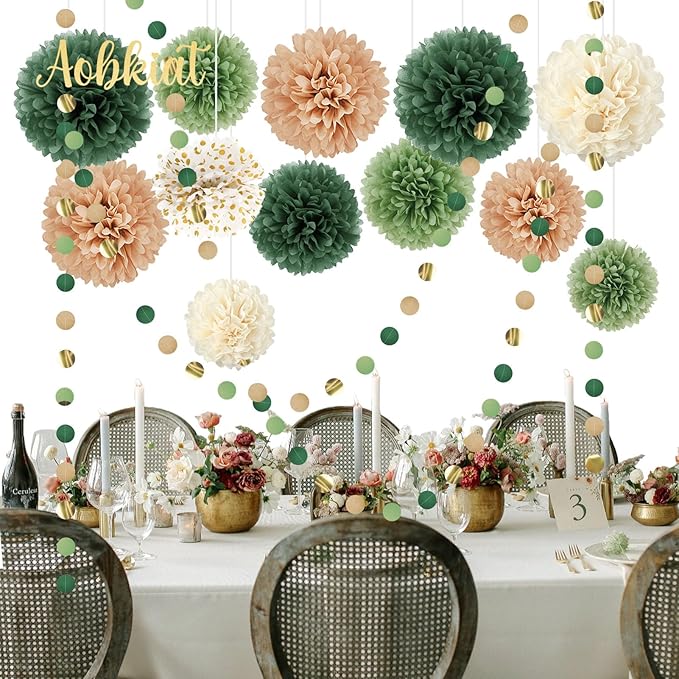AOBKIAT Wedding Party Decorations Set,15PCS Green Tissue Paper Pom Poms,Dots Paper Garland String Hanging Backdrop for Engagement,Green Boho Wedding,Baby Shower