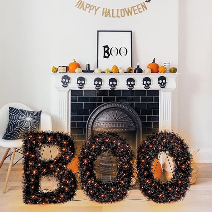 ATDAWN 3 Piece Outdoor Boo Sign Halloween Decoration, Lighted Boo Yard Display Set, Boo Yard Sign for Halloween Indoor Lawn Decor, Black & Orange