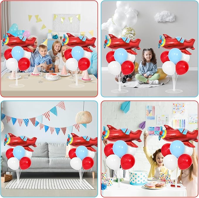 Airplane Birthday Party Balloons Stand Kit 2 Sets with 2 Plane Helicopter Foil Balloons Red Blue White Balloon Centerpiece for Tables for Adventure Time Flies Birthday Baby Shower Party Decoration