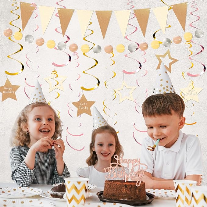 Birthday Decorations Pre-Strung Happy Birthday Banner for Women Girls Champagne Gold Birthday Banners with Pennant Honeycomb Balls Cake Topper Stars Hanging Swirl Streamers Circle Dots Garland