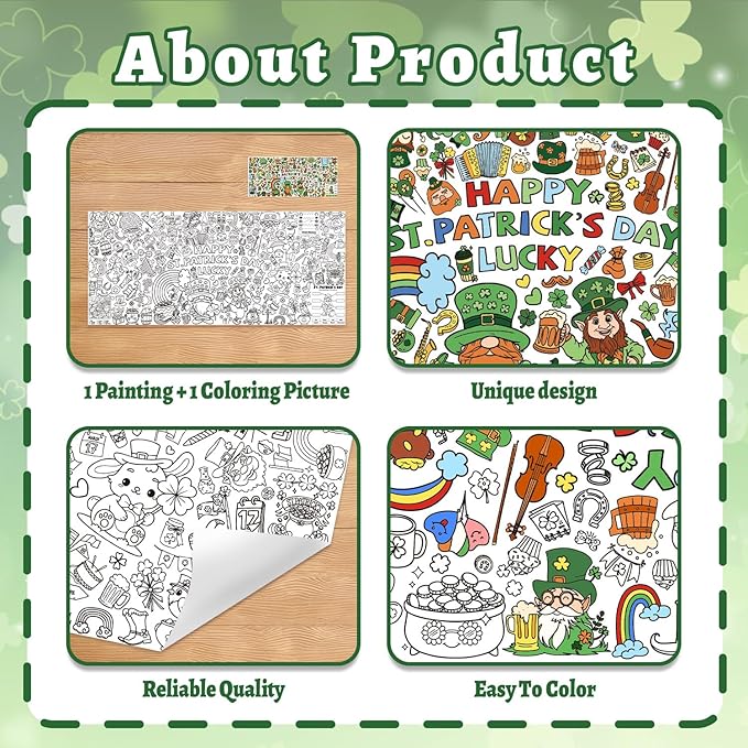 St. Patrick's Day Coloring Poster, 32 x 71 Inch Versatile Paper Coloring Tablecloth, St Pattys Day Crafts, Party Decorations