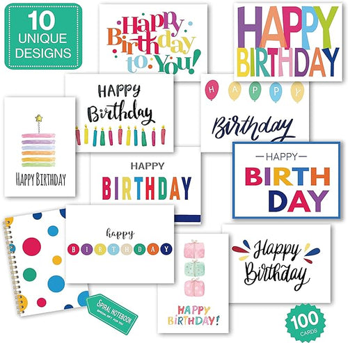 100 Birthday Cards, Happy Birthday Cards Bulk with Short Message Inside, 5x7 Inch Thick Card Stock Assorted Birthday Cards with Envelopes,10 Unique Designs for Men and Women.
