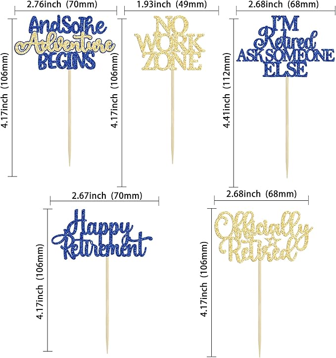 Gyufise 30Pcs Happy Retirement Cupcake Toppers Officially Retired Cake Toppers No Work Zone Adventure Begins Cupcake Picks for Retirement Theme Farewell Birthday Party Decorations Supplies Blue Gold