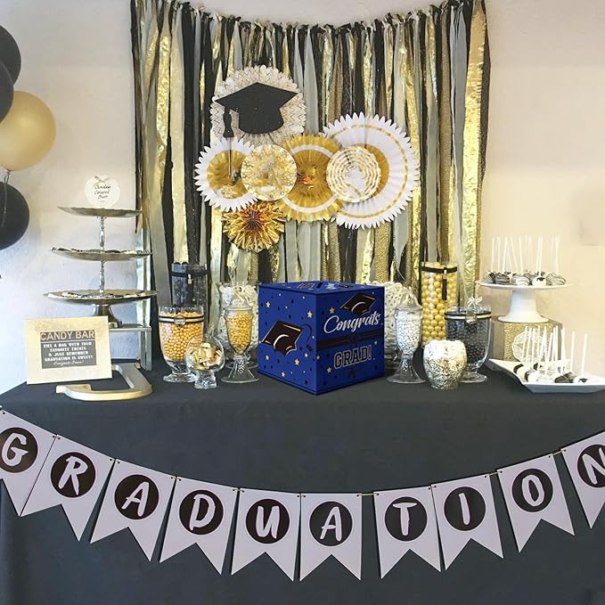 Graduation Card Box, Graduation Party Decorations 2025, Blue Graduation Box, Graduation Card Holder, Foldable Cardboard Congrats Grad Card Gift Box for Graduation Party Supplies Party Favors