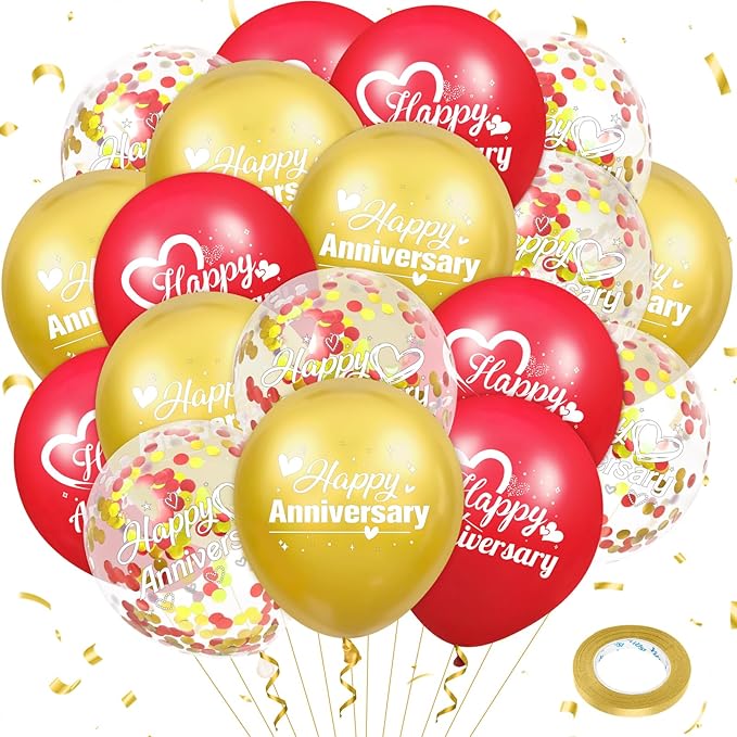 Happy Anniversary Balloons 18Pcs Red Gold Party Decorations for Women Men 12Inch Metallic Confetti Balloons for Indoor Outdoor Party Supplies