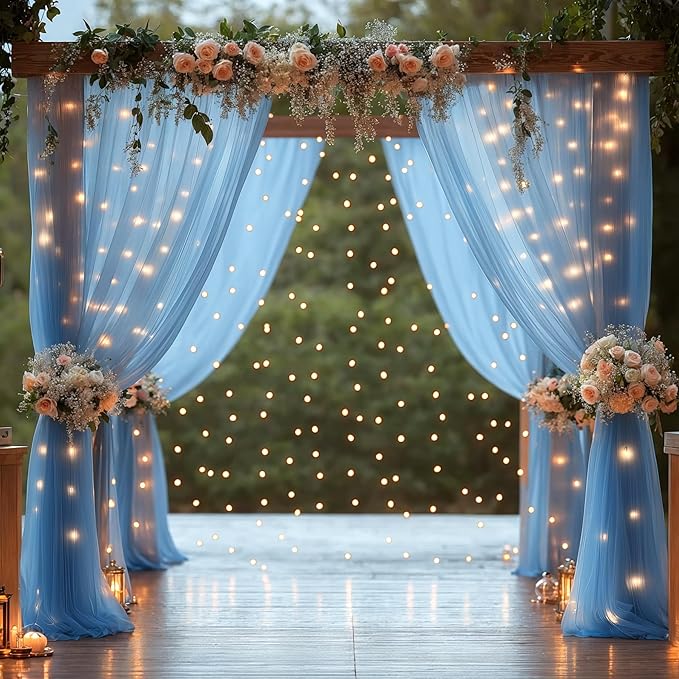 10x10FT Blue Wrinkle Free Backdrop Curtains with Lights String for Parties - Photo Curtain Backdrop with Lights for Wedding Decorations, Bridal Baby Shower Birthday Party Photography Background
