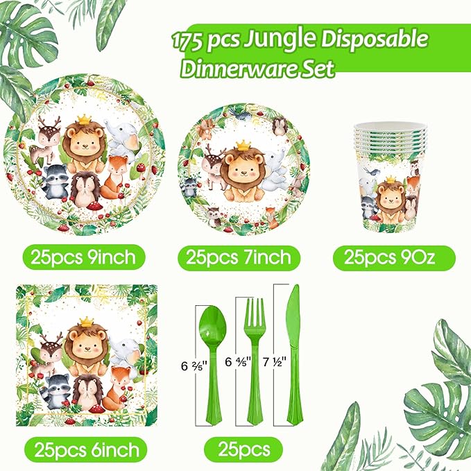 Jungle Animals Party Decorations - 175 Pcs Safari Animal Baby Shower Plates and Napkins, Wild Animals Theme Disposable Tableware Set for Baby Shower Zoo Birthday Party Supplies Favors, Serves 25