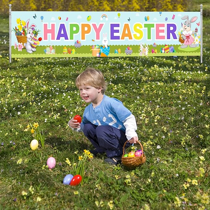 Happy Easter Banners Easter Banners for Outside Garden, Large Long Spring Bunny Banner Egg Hunt Decorations Butterfly Flower for Indoor Easters Theme Party Rustic Lawn Sign