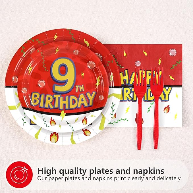 Grencian 96Pcs Happy 9th Birthday Party Supplies Cartoon Anime Themed Paper Plates and Napkins Tableware Sets Red and White Decoration for 9 Year Old Birthday Kids Children Party Serves 24