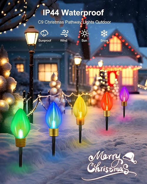 10 Lights Jumbo C9 Pathway Christmas Lights Outdoor, 11Ft 2 Pack 5 LED Giant Bulbs, Large Outdoor Christmas Decor for Holiday Lawn Yard Garden, Big Light Decorations, Multicolor