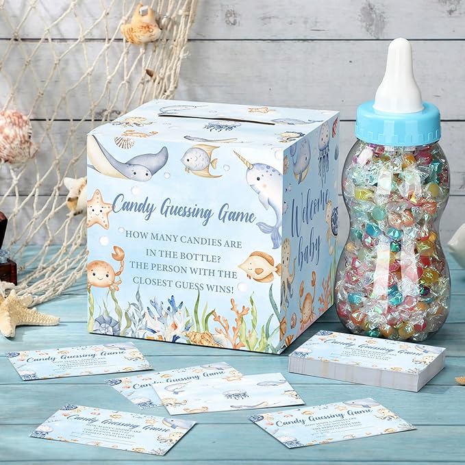 Glenmal 52 Pcs Under The Sea Baby Shower Games Gift Sets Large Baby Bottle for Shower Game Guess How Many Candies Decorations for Gender Reveal