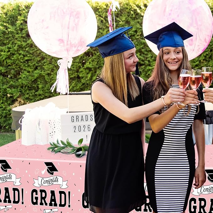 QZYL 2 PCS Graduation Tablecloth, 108" X 54" Pink Graduation Decorations 2026, Disposable Plastic Tablecover for Class of 2026 Congrats Grad, Rectangle Table Cloths for Grad Decor Party Supplies
